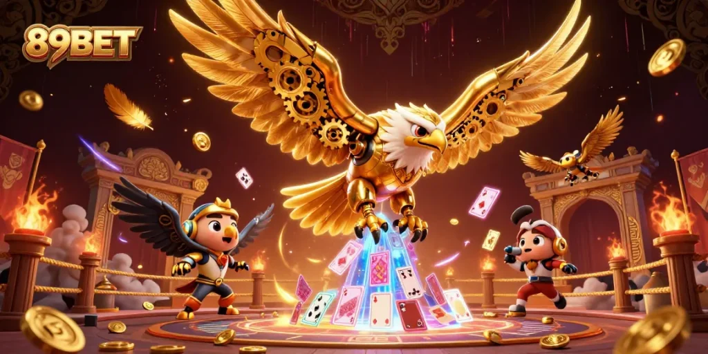 Experience thrilling action at 89BET with a dynamic illustration showcasing golden eagles and holographic cards.
