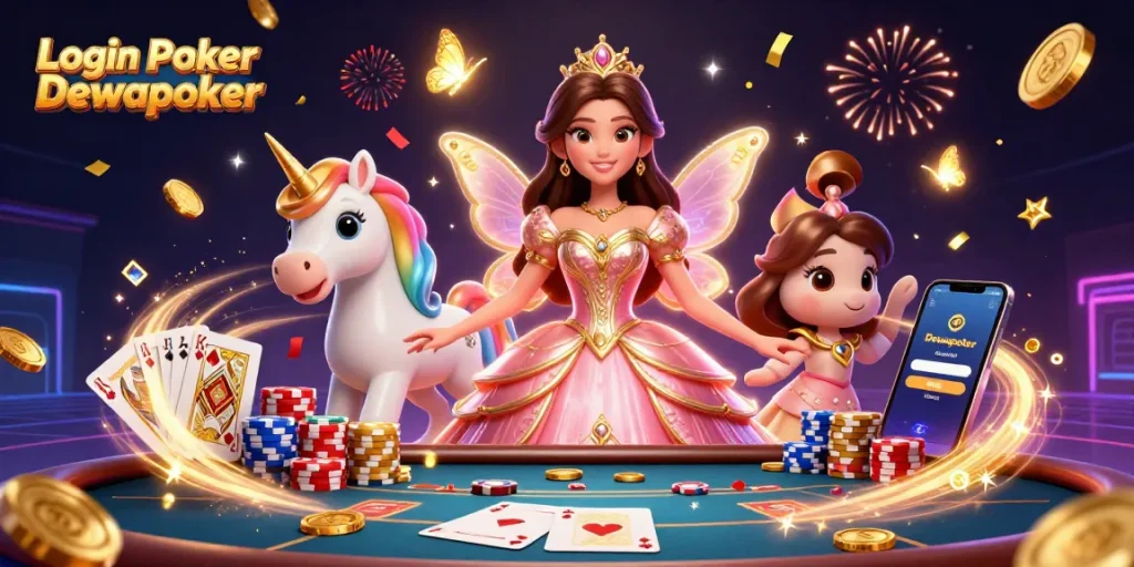 Experience a vibrant scene with Login Poker Dewapoker gameplay elements and dynamic characters in action.