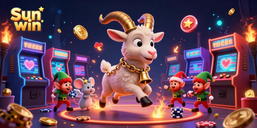 Experience thrill at Sun win with a festive Krampus goat overseeing the vibrant casino scene.