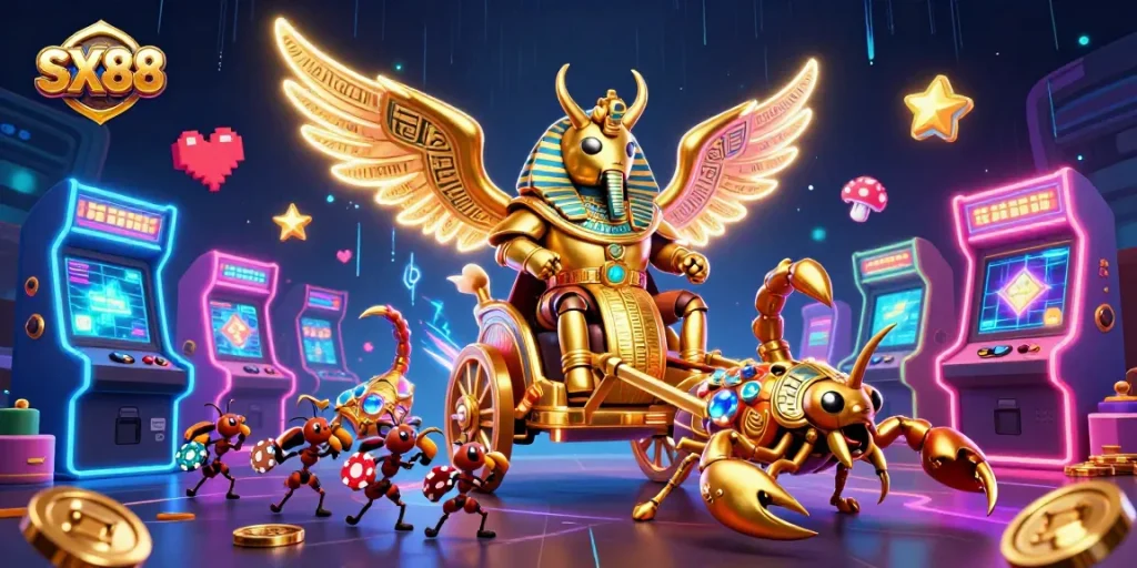 SX88 captures the exhilarating excitement of online gambling with a dazzling casino scene featuring casino-themed characters and vibrant game elements