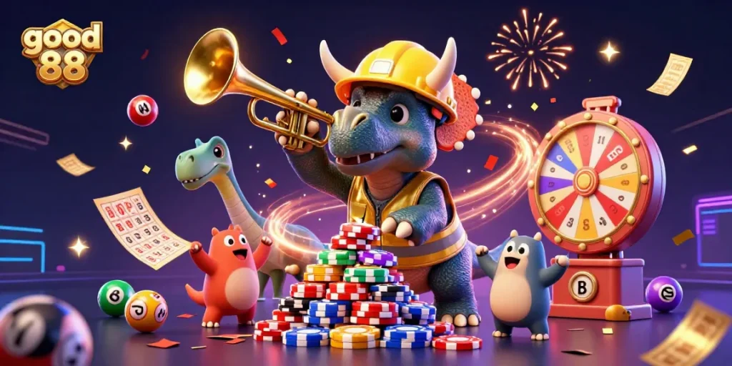 Celebrate winning at good 88 as playful dinosaurs build a poker chip pyramid amid vibrant casino elements.