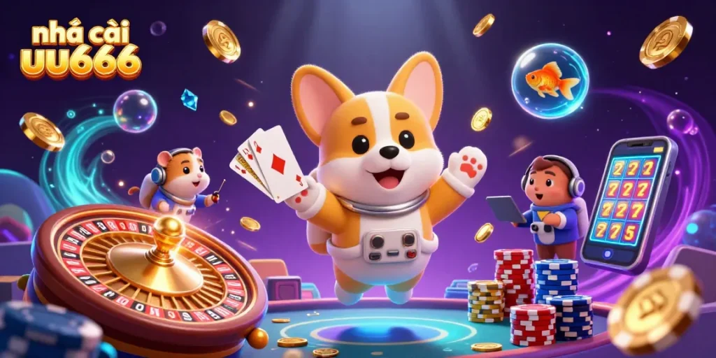 Engage with nhà cái uu666 through thrilling cosmic gameplay in a colorful casino scene.