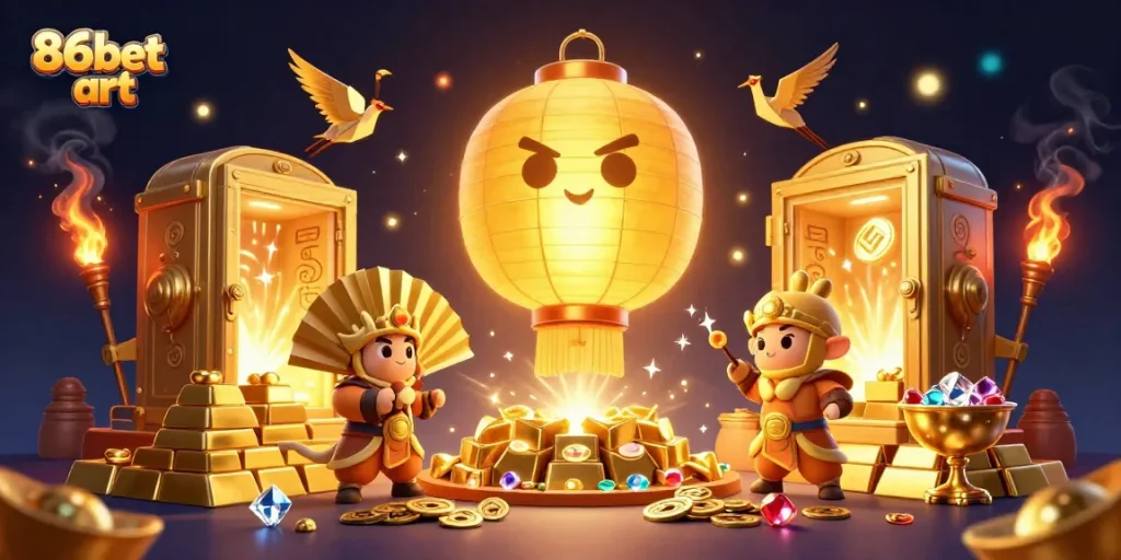 Engage with the vibrant world of 86bet art featuring lucky symbols and stunning treasures in an enchanting casino.