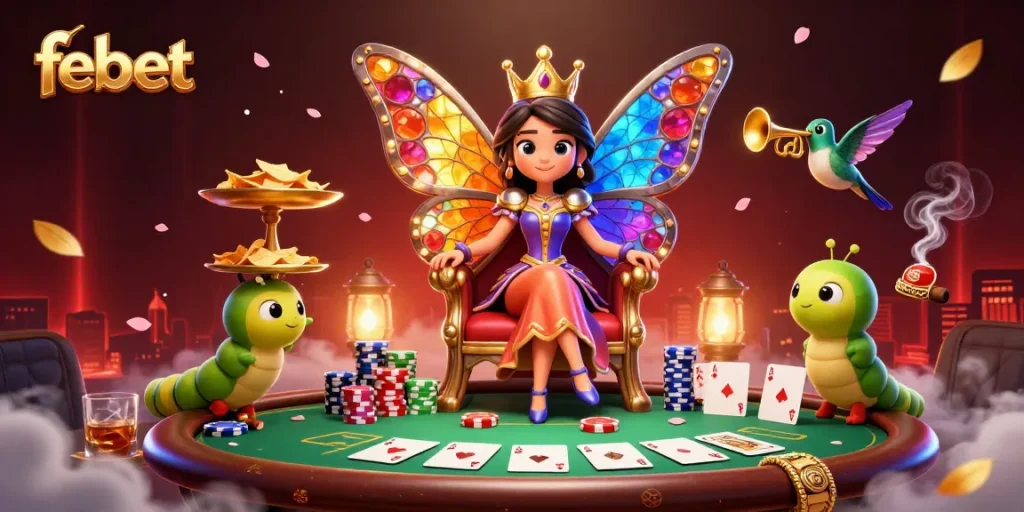 Experience exciting poker gameplay with febet's vibrant 3D animated casino scene.
