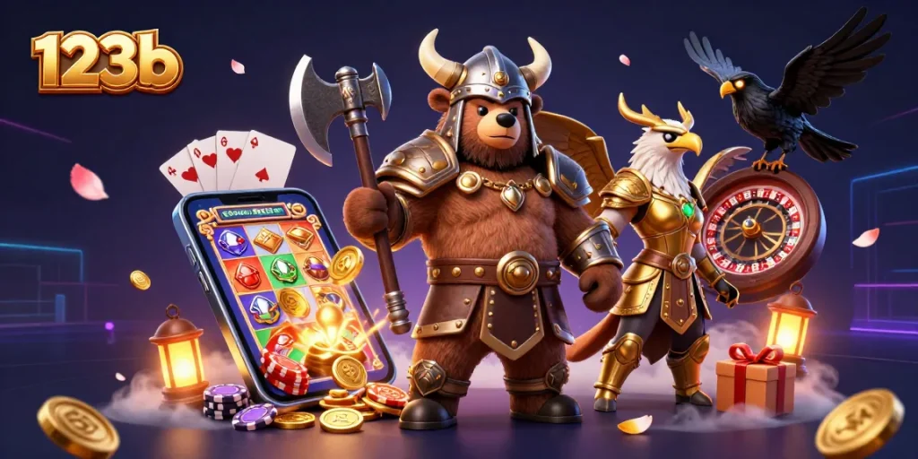 Experience the dynamic world of 123b with action-packed illustration featuring slot games, characters, and vibrant casino elements.