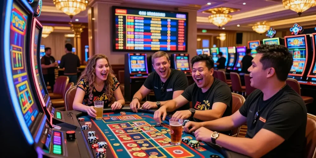 Excited players enjoying a lively slot gacor game in a luxury casino.