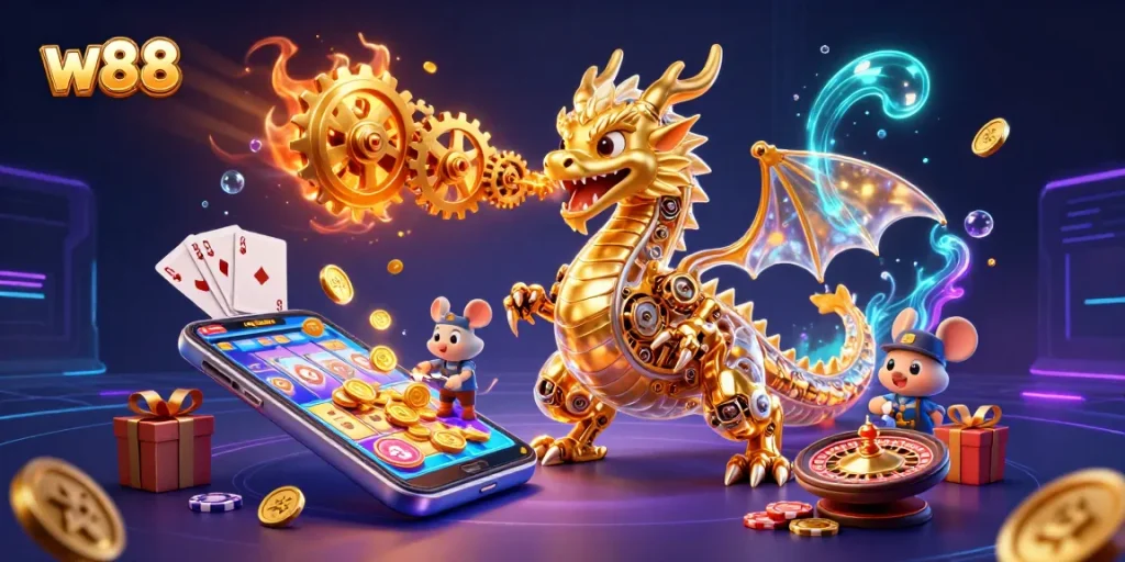 Engage with the exciting w88 casino experience featuring a dynamic golden dragon amidst vibrant gaming elements.