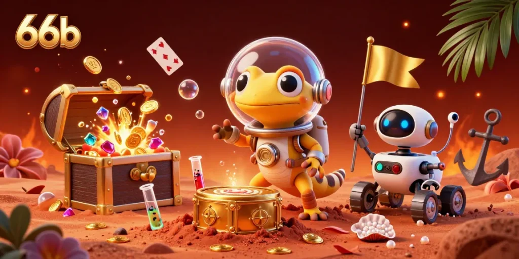 Experience the thrill of 66b with a Martian gecko uncovering a golden casino adventure.