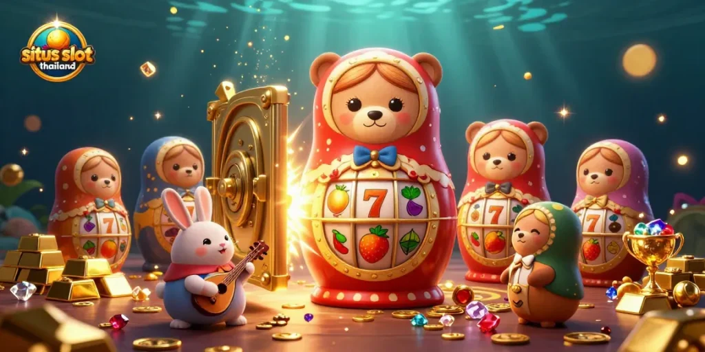 Situs slot thailand showcases a vibrant 3D casino scene with playful characters and slot elements.