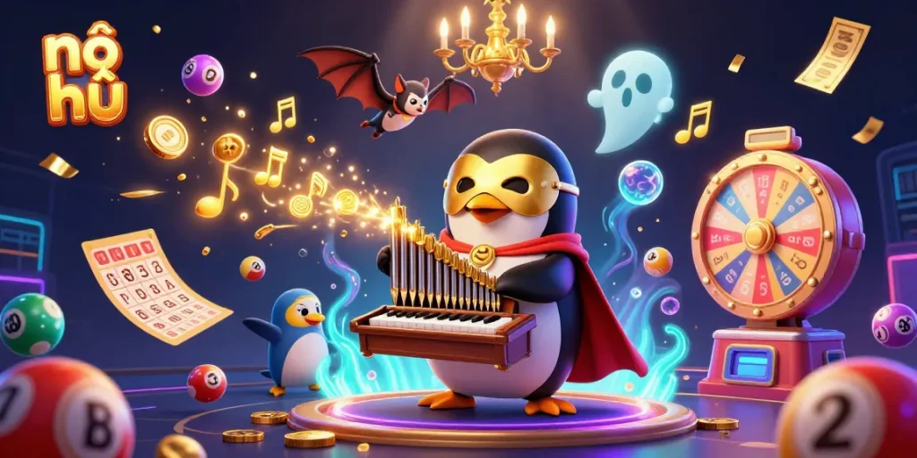 Engage in nổ hũ excitement with a 3D cartoon scene featuring vibrant slots and dynamic elements.