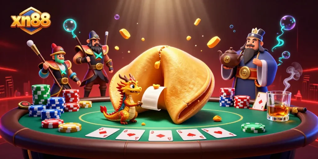 Win big with xn88 at this vibrant 3D casino-themed illustration showing fortune characters and poker excitement.