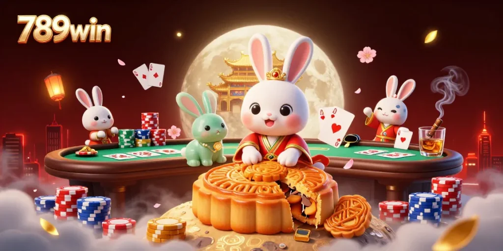 Experience the thrill of 789win with a vibrant casino scene featuring poker chips and a moon rabbit.