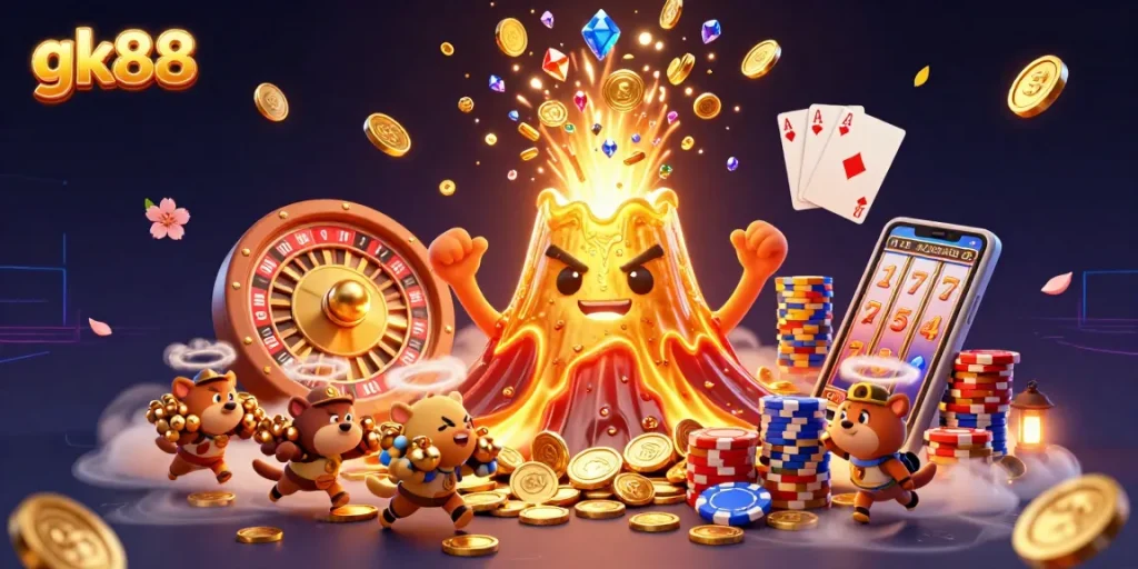 gk88 offers exhilarating gaming moments with vibrant visuals of treasure and casino elements.