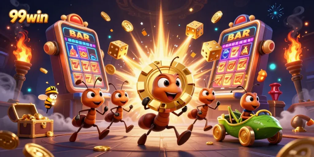 Experience 99win's thrilling heist with ants carrying massive chips amid golden treasures and dazzling casino elements.