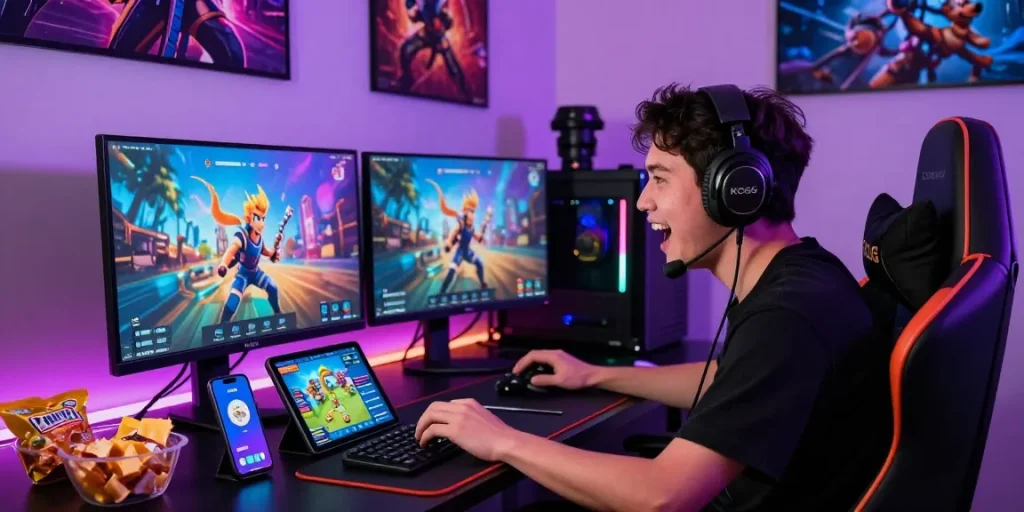 Excited gamer engaging with the KO66 app in a vibrant gaming setup, showcasing modern technology and immersive experience.