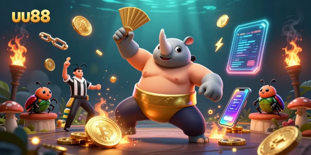 Experience uu88's thrilling gambling with a dynamic beetle sumo scene amidst glowing coins and crypto.