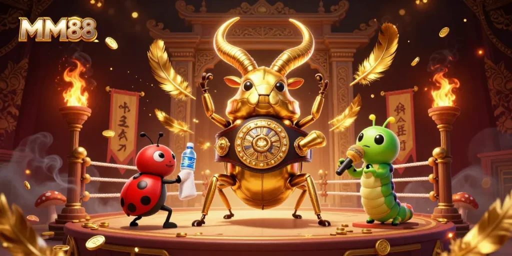 Bet on MM88's thrilling adventures featuring a giant golden stag beetle boxing champion and vibrant casino elements.