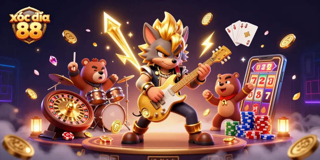 Engage with xóc đĩa 88 as a cartoon wolf rocks the stage among coins and cards.