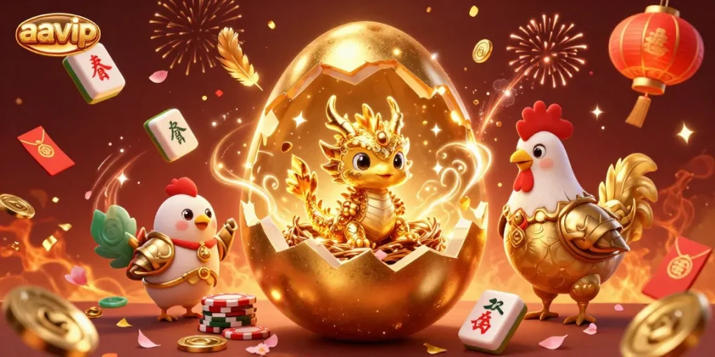 Aavip promotes gaming excitement with a baby dragon amidst poker chips and festive decor, embodying the fun of online casinos.
