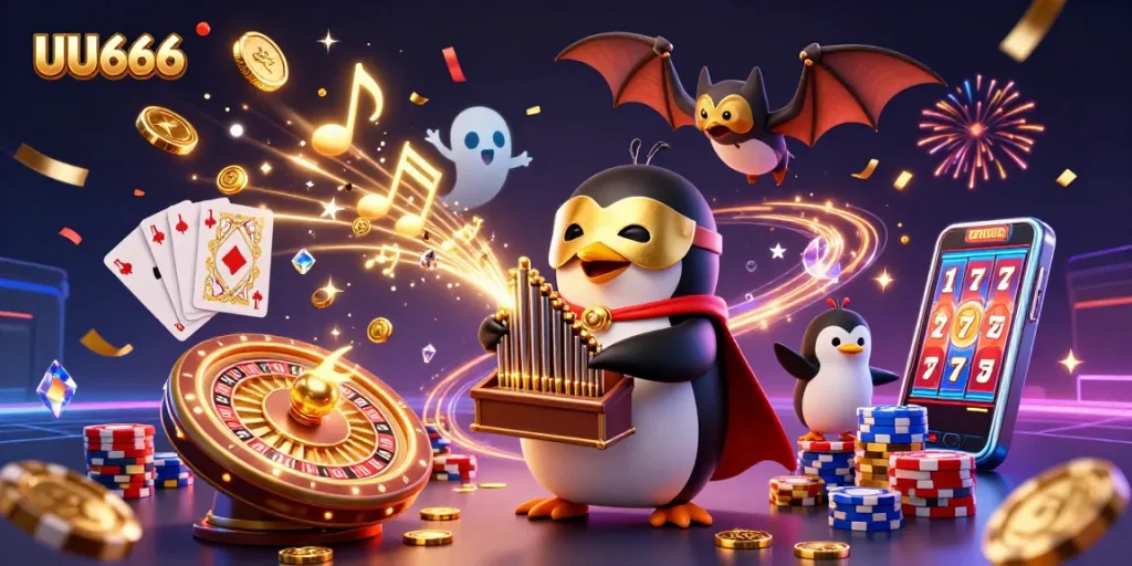 Experience winning adventures with UU666 in a vibrant 3D digital casino scene filled with excitement.