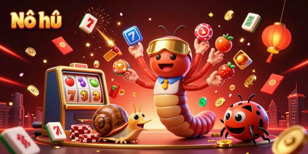 Nổ hũ themed 3D illustration showcasing a millipede dealer and vibrant slot elements for online gaming