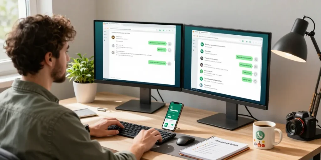 User engaging with WhatsApp電腦版 on dual monitors in a bright home office, showcasing a modern and productive digital workspace.