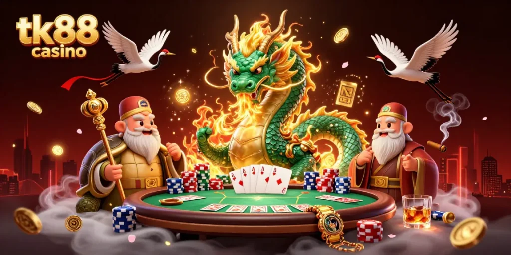 Engage in the thrilling world of tk88 casino with our 3D illustration showcasing dynamic poker action and mythical elements.