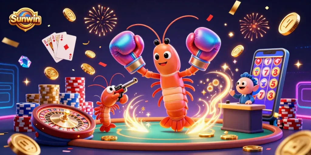 Spin and win big with Sunwin in an exciting 3D casino celebration illustration.