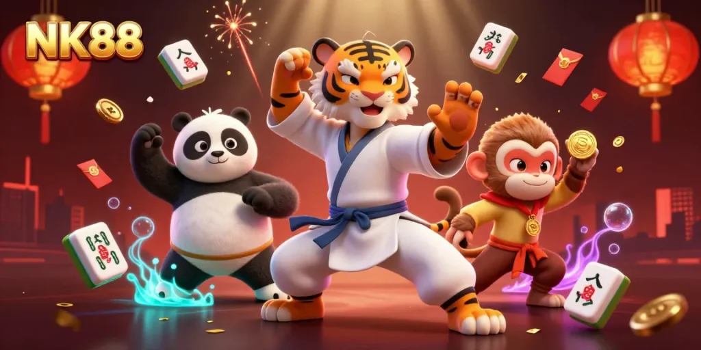 NK88 showcases an exciting 3D scene with a kung fu tiger master, panda disciple, and monkey student amidst vibrant casino elements.