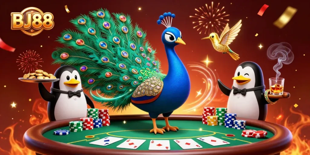Experience the excitement of BJ88 gambling with a vibrant 3D scene of casino characters and poker elements.