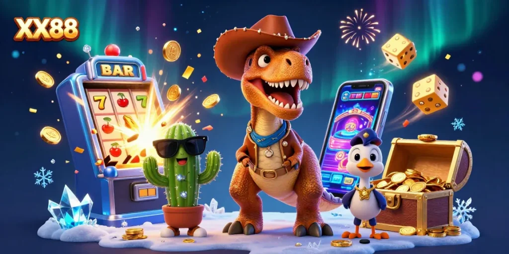 Win big at XX88 with an exciting 3D casino illustration featuring vibrant characters and game elements.