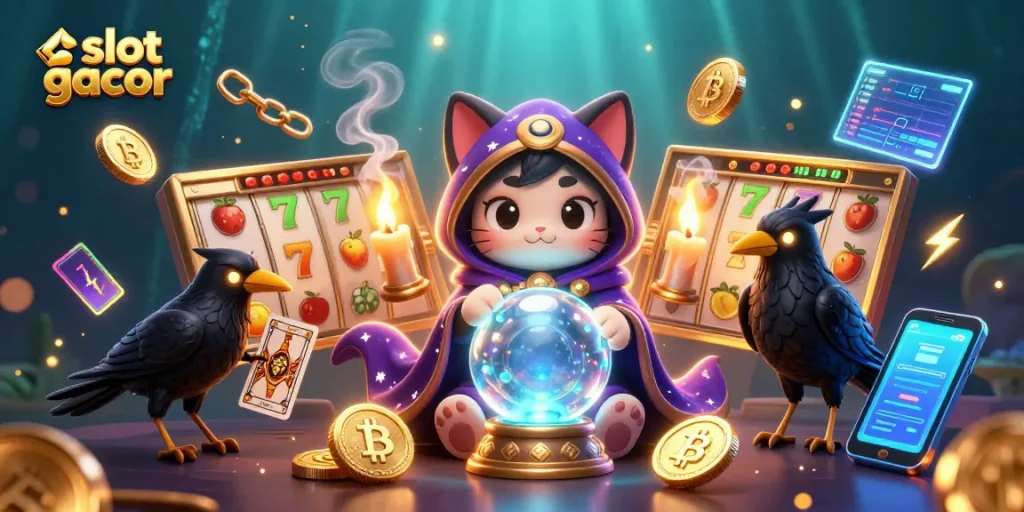 Engage with slot gacor through a mystical 3D scene featuring icons and elements from the world of online casinos.