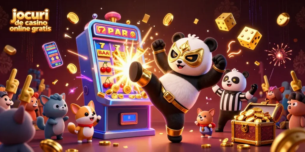 Joacă jocuri de casino online gratis cu panda luptător și jackpot-uri strălucitoare.