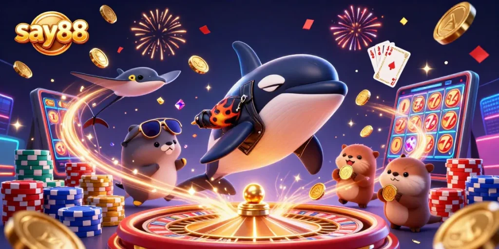 Experience the excitement at say88 with dynamic casino elements and vibrant characters celebrating big wins!