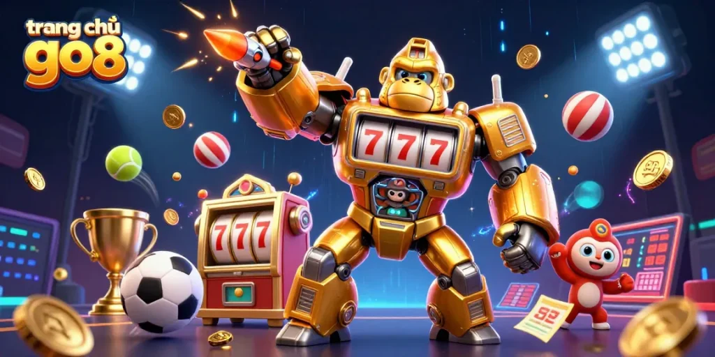 Experience the excitement of gaming on trang chủ go8 with a vibrant 3D illustration showcasing casino elements and dynamic action.