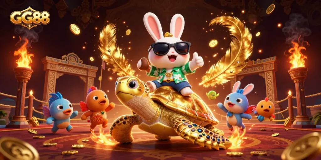Experience winning moments with GG88 in an elaborate 3D casino scene featuring a lucky rabbit and golden elements.