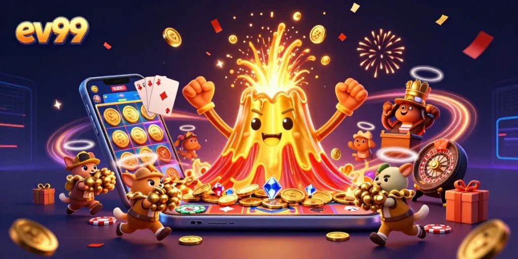 Win big with ev99's golden volcano erupting treasures in a vibrant online casino scene.