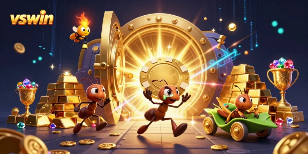 Experience the thrilling heist at VSWIN with ants racing for a giant poker chip and shimmering treasures.