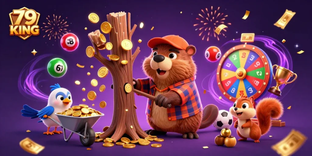 Experience the thrill of winning at 79 KING, where a beaver and friends celebrate with golden coins and sports excitement!