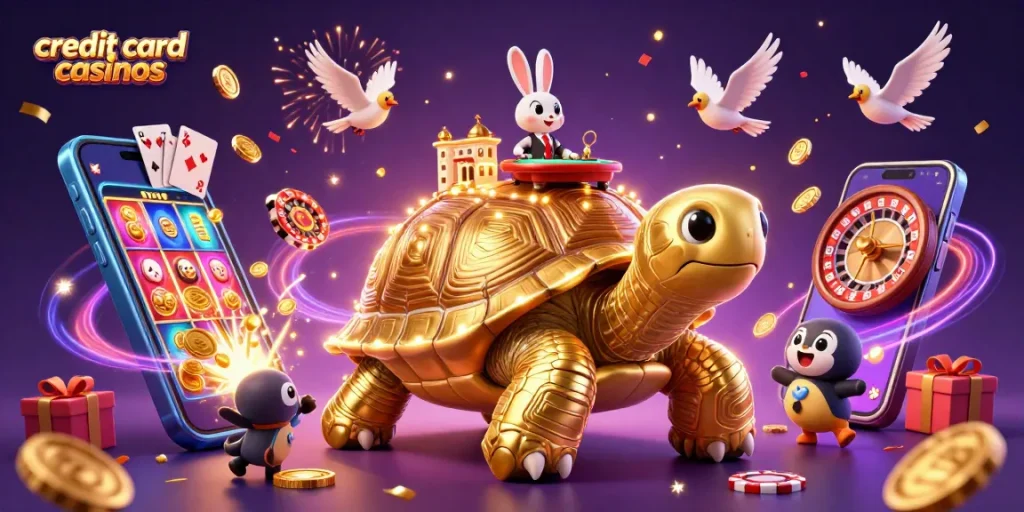 Engaging scene of credit card casinos featuring a golden tortoise casino, rabbit dealer, and golden coins.