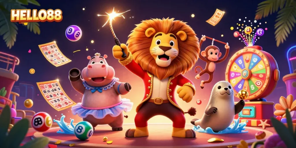 Engage with HELLO88 in a vibrant, packed 3D circus-themed casino scene featuring fun game elements.