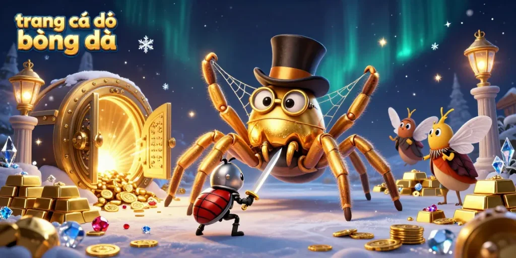 Bet on trang cá độ bóng đá with a vibrant illustration of a golden tarantula, beetle knight, and treasure in a casino.