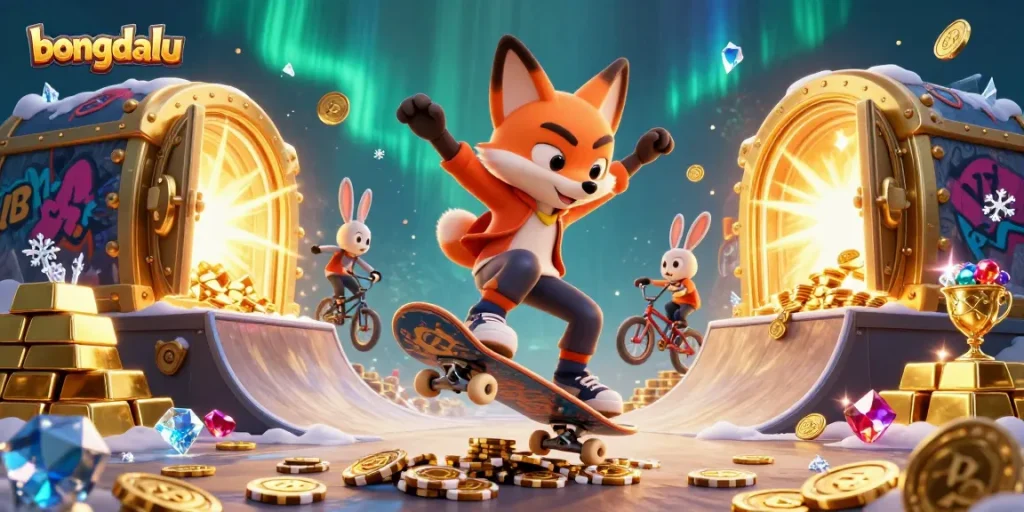 Experience dynamic casino thrills with bongdalu featuring a skateboarder fox amid sparkling treasures.