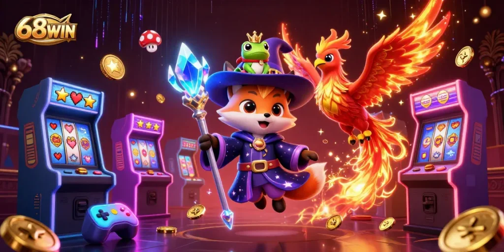 Experience the thrilling adventures of 68WIN with a mystical wizard fox, phoenix, and colorful casino elements.