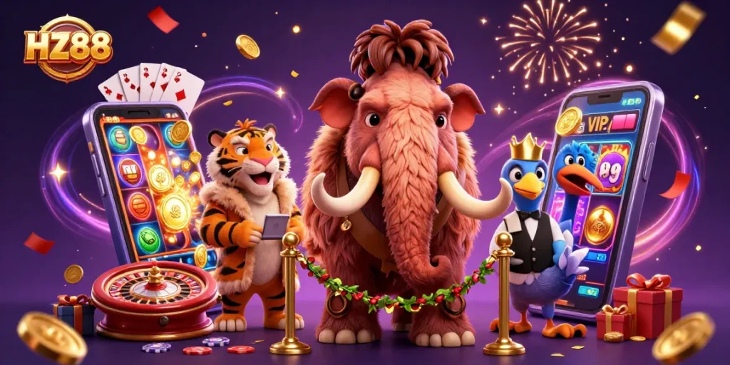 Engage with HZ88's vibrant casino atmosphere featuring colorful slot games and playful cartoon characters.