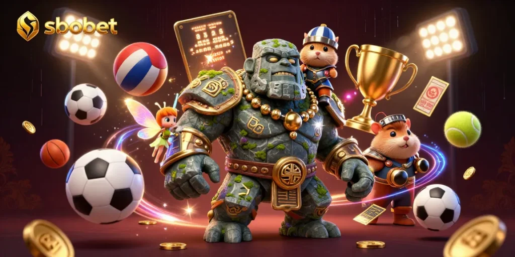 Experience sbobet sports betting excitement with an ancient guardian and magical companions.
