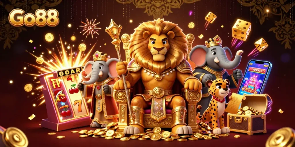 Go88 offers thrilling gaming action with a lion king, elephant advisor, and cheetah in a vibrant casino atmosphere.