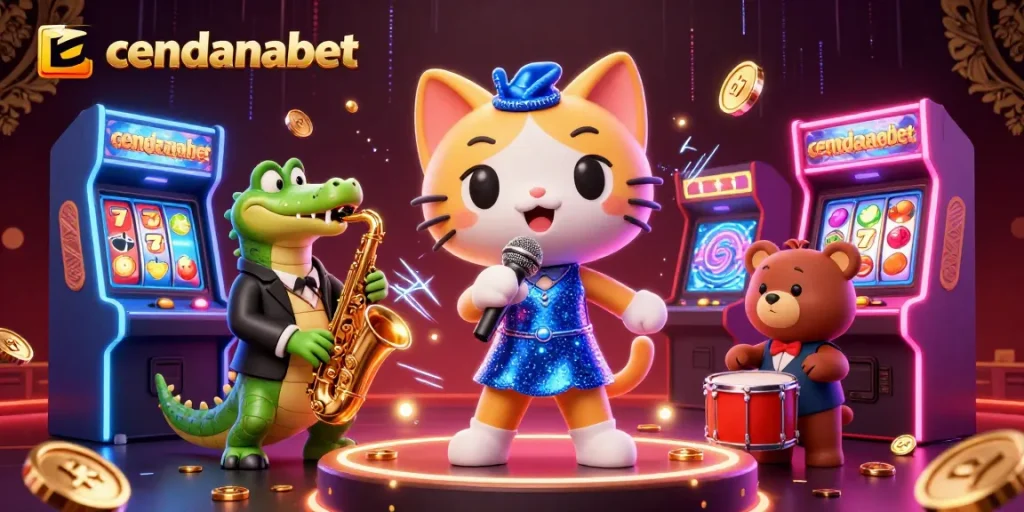 Cendanabet offers thrilling gameplay with 3D characters enjoying slot machines in a vibrant casino setting.