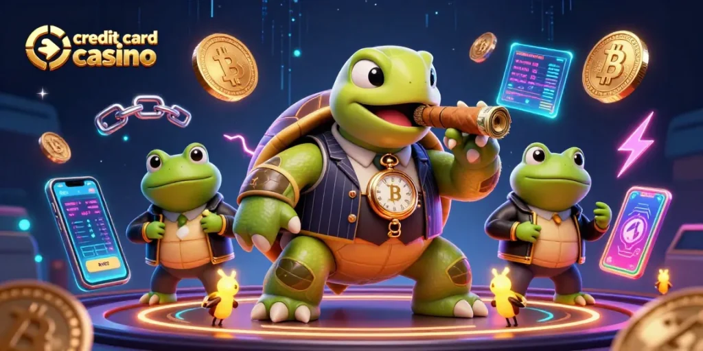 Engage with a vibrant credit card casino scene featuring a snazzy turtle and bullfrog enforcers amid glowing coins.