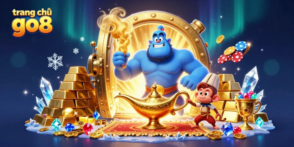 Engage with the thrilling action at trang chủ go8, where a genie emerges amidst rich treasures and poker chips.